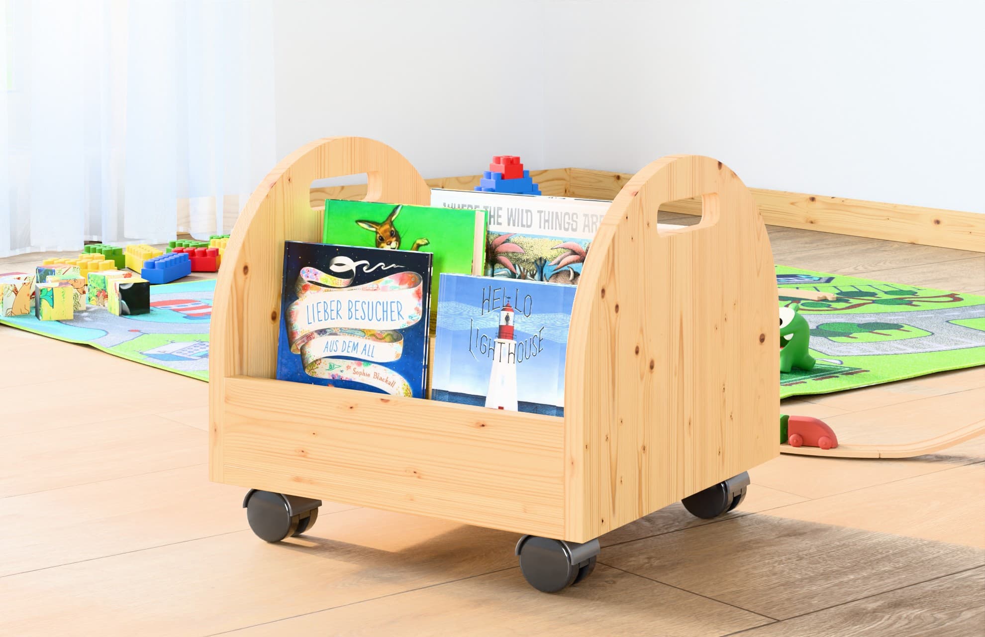Montessori Bücherkiste mit Rollen im Kinderzimmer